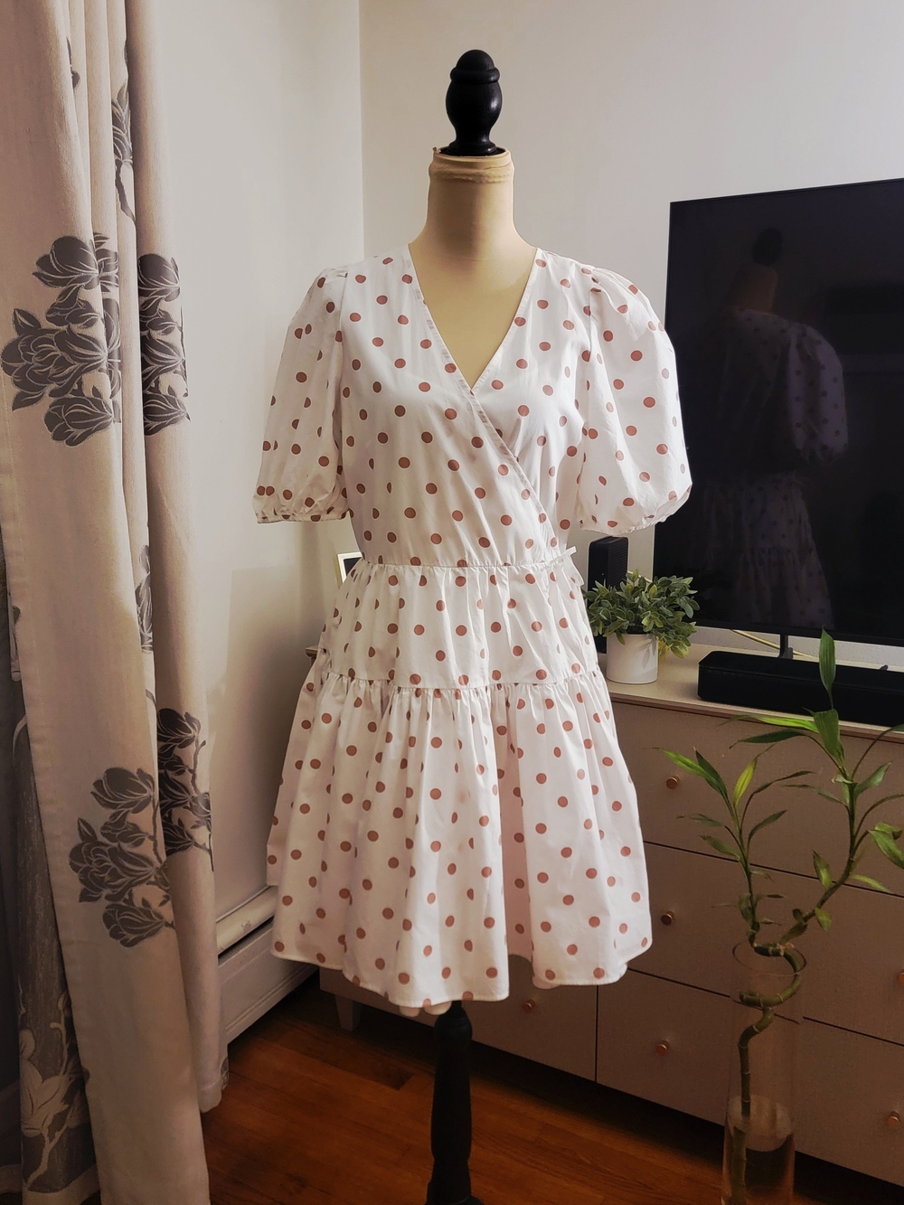 J.Crew White Pink Polka Dot Puff Sleeve Cotton Wrap Dress XS Fits Medium